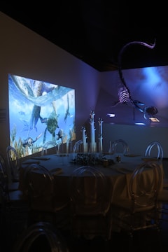 a room with a large screen and chairs