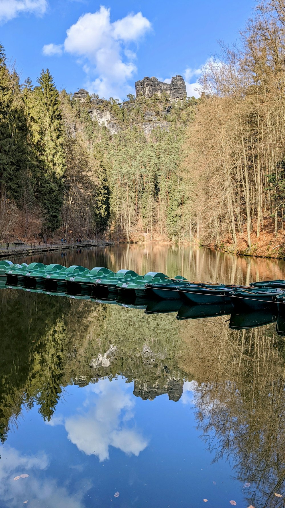 ein Gewässer mit Bäumen drumherum und einer Brücke im hinteren Teil