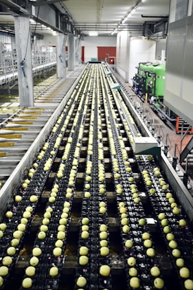 Modern manufacturing production line with automated conveyor system transporting products.