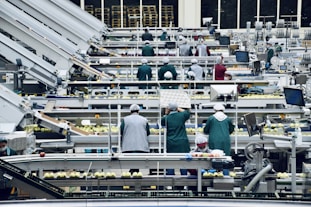 a group of people in a factory