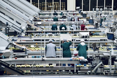 a group of people in a factory
