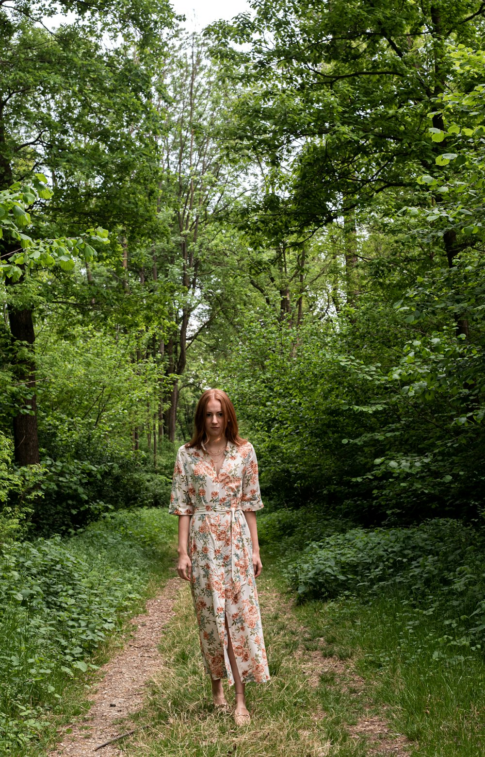 a person standing on a path in a forest