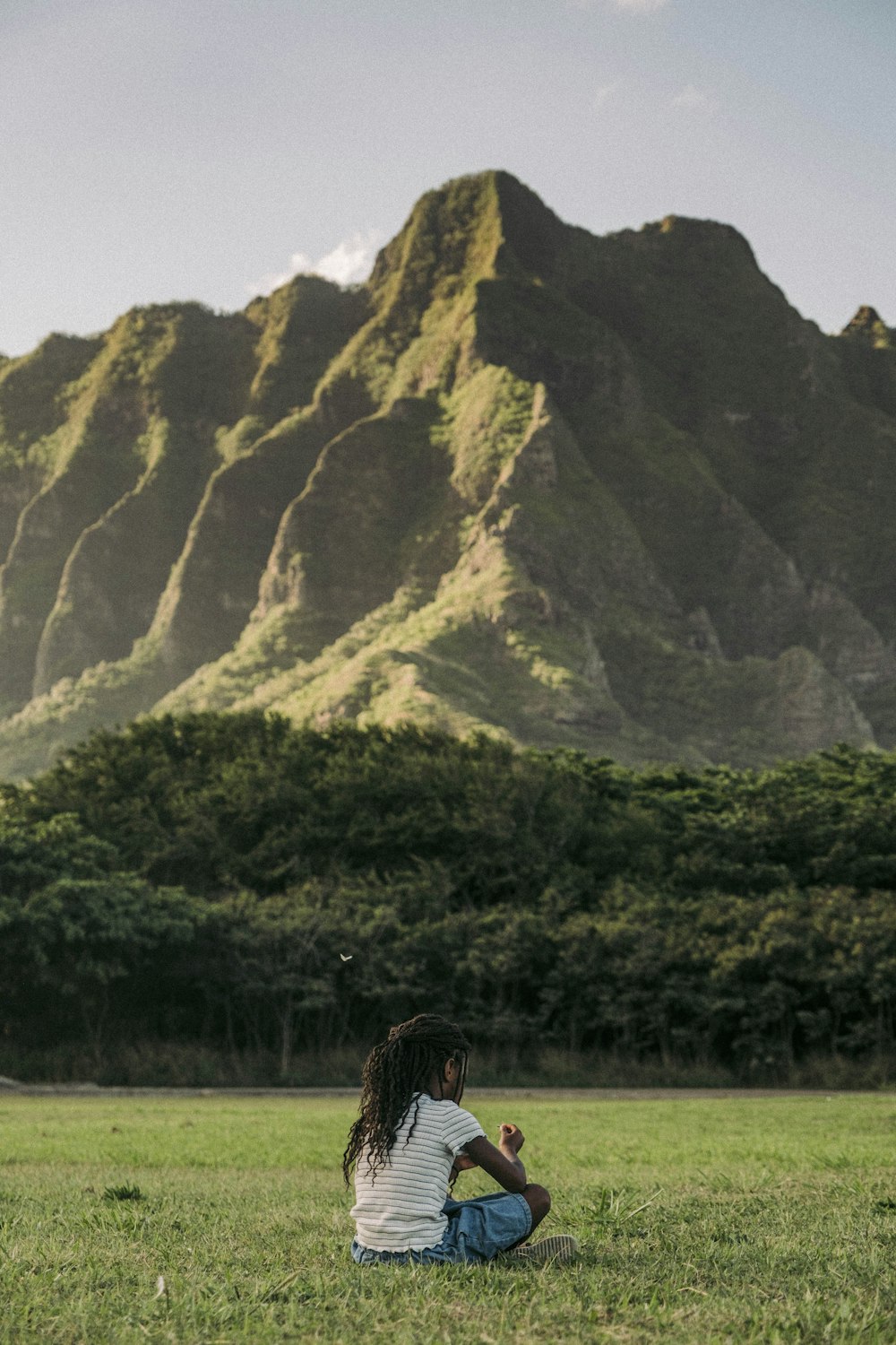 a person sitting in a grassy field with a mountain in the background