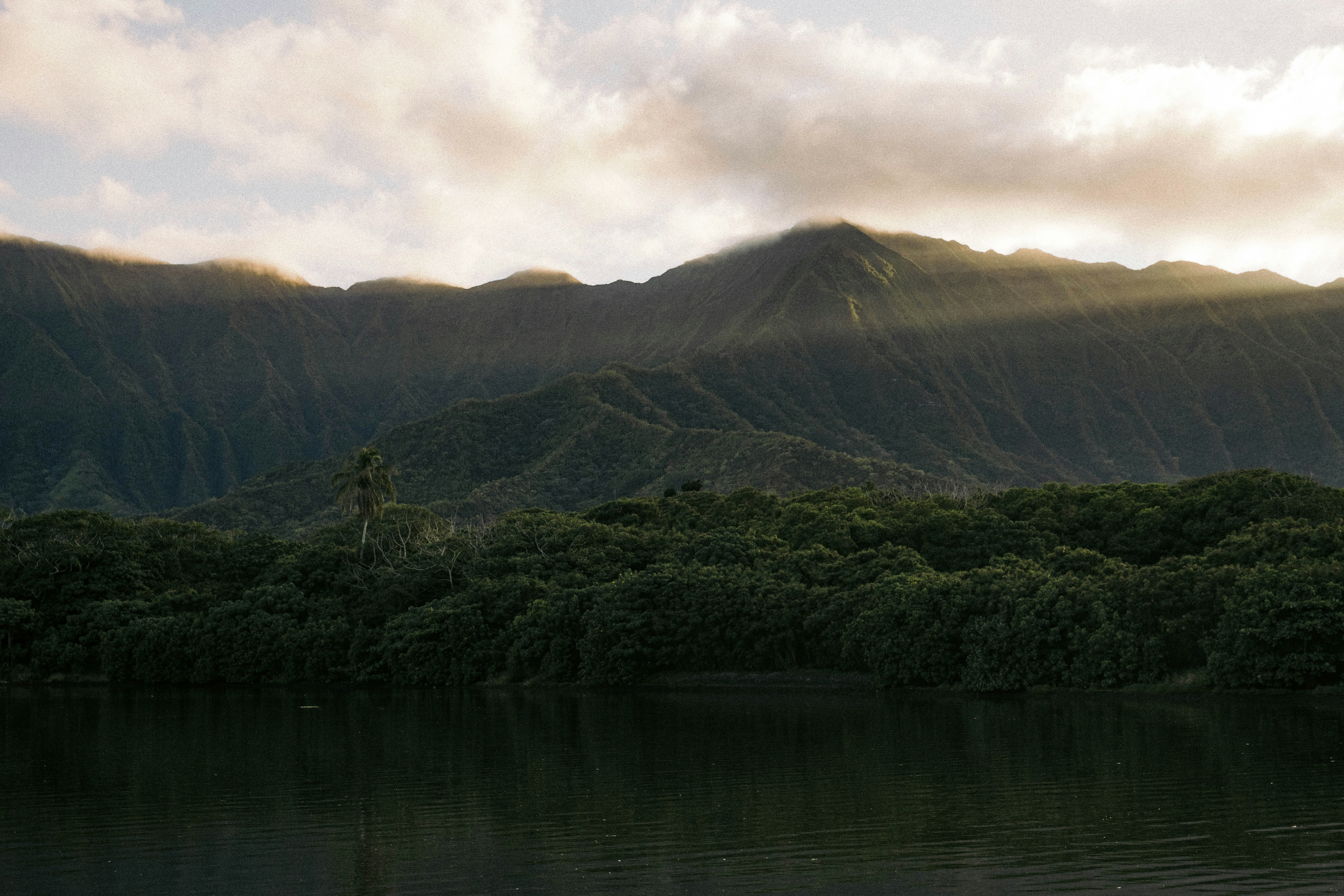 a lake with trees and mountains in the background