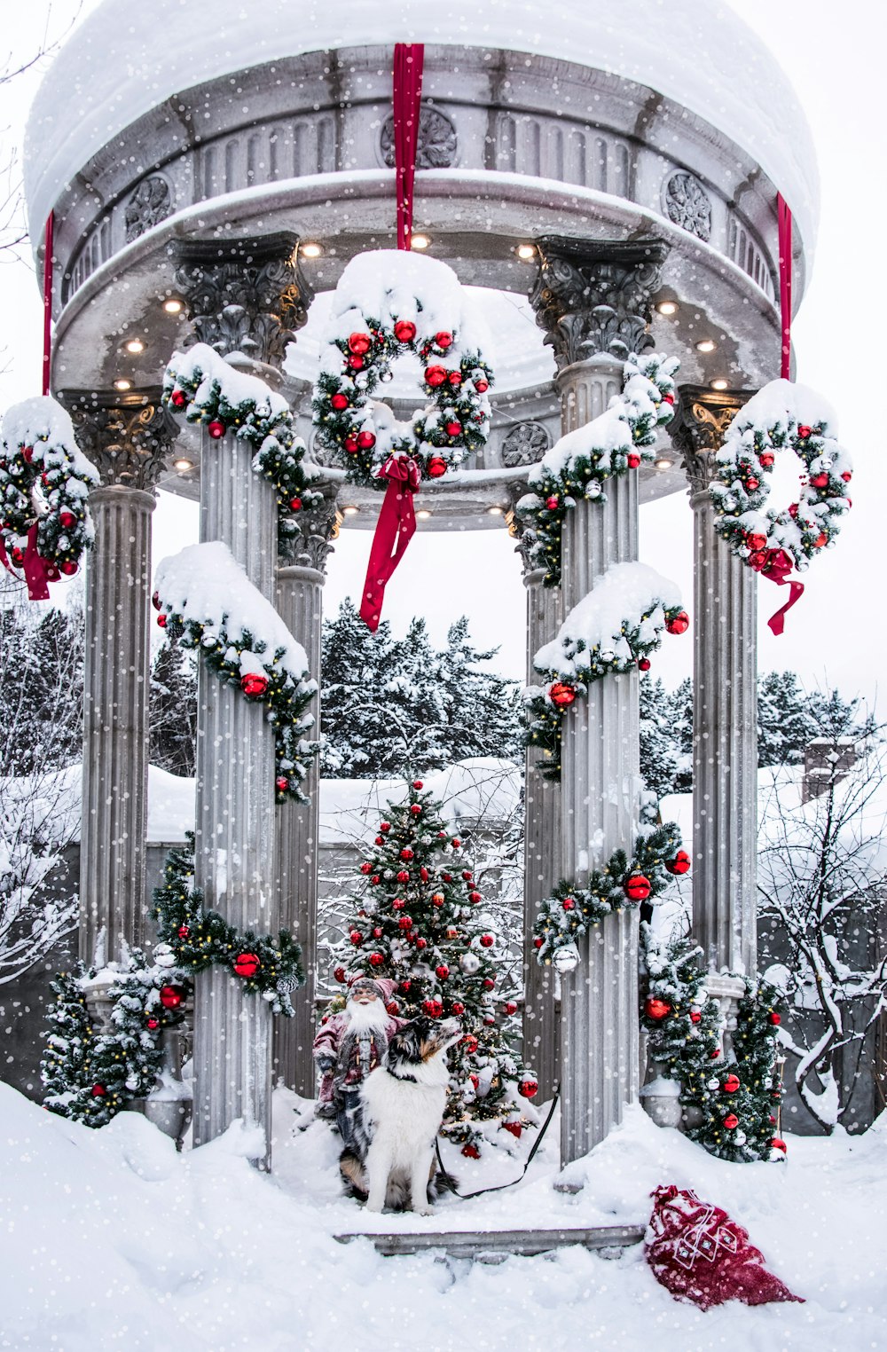 a decorated entryway with snow