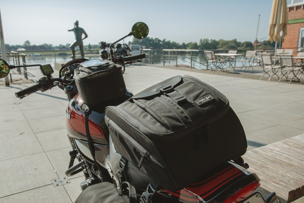 a motorcycle with a bag on it