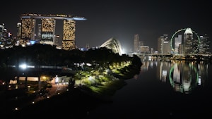 A stunning nighttime cityscape with a prominent skyline featuring a uniquely designed hotel with three towers connected by a rooftop. A brightly lit giant Ferris wheel is visible next to modern high-rise buildings. The scene includes lush greenery by a calm water body reflecting the city lights.