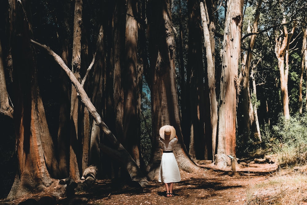 a girl standing in a forest