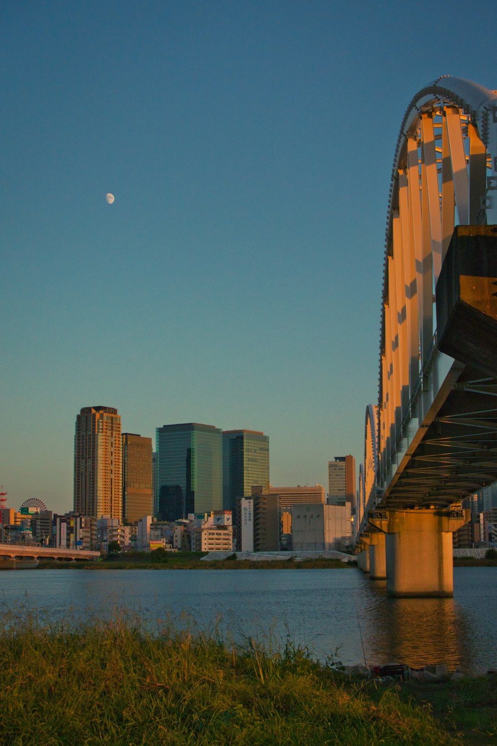 a bridge over a body of water with a city in the background