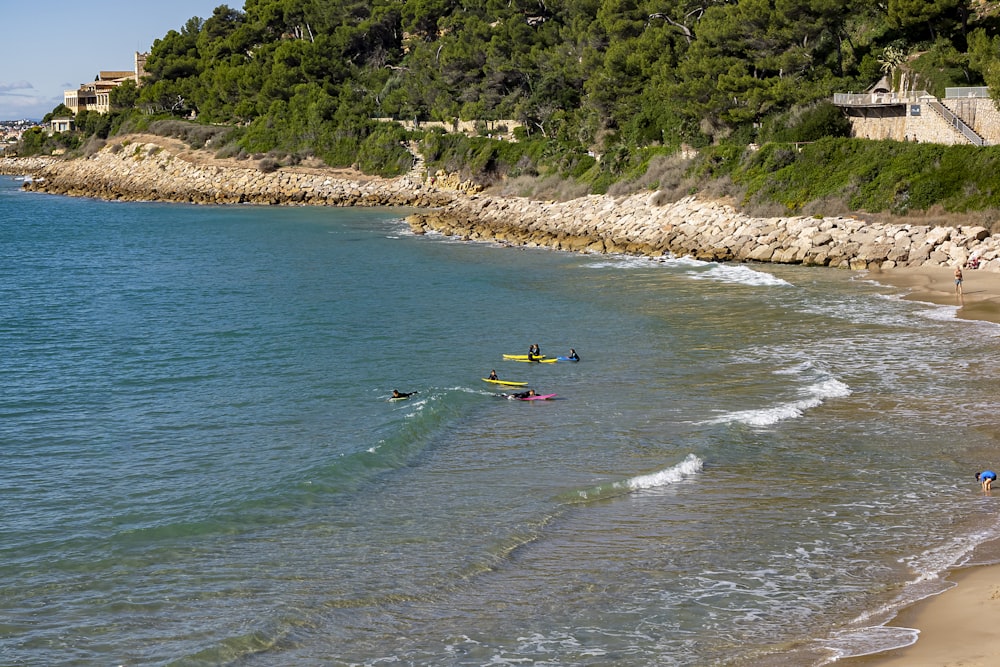 a group of people in kayaks on a beach