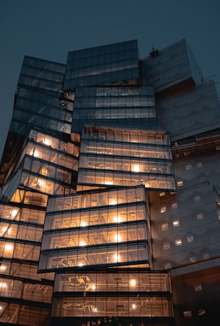 Evening shot of the Ayra Creative studio lit up, reflecting the energy behind the scenes.