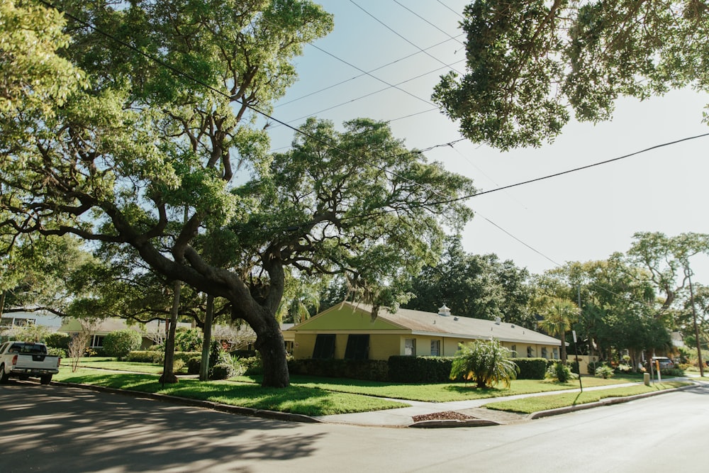 a house with trees and grass