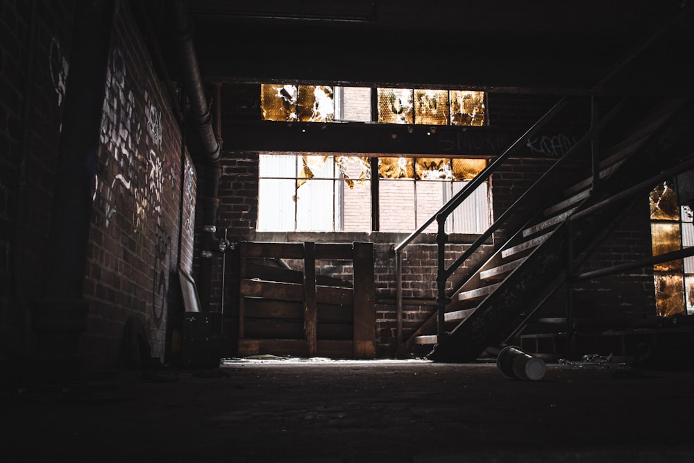 a staircase in a brick building