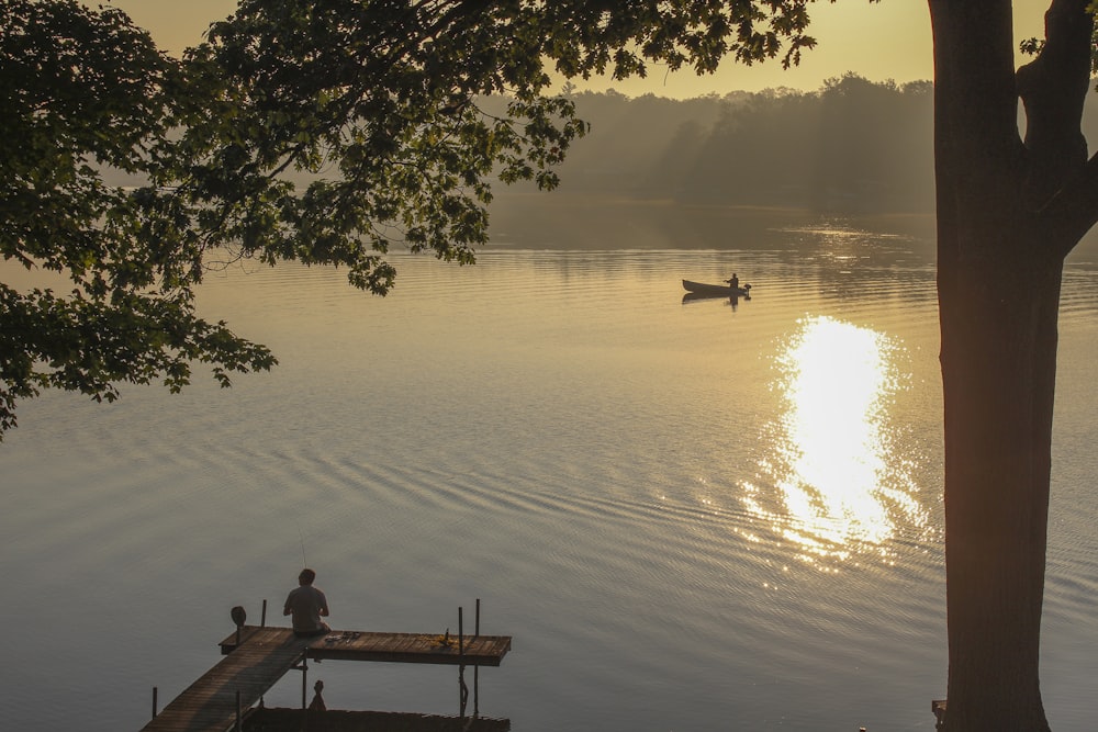 a person sitting on a dock looking at a duck in a lake