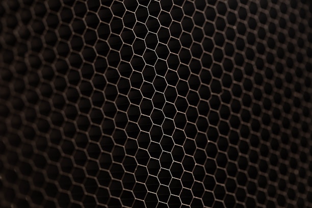 A close-up view of a metal mesh with a hexagonal pattern creating a honeycomb-like structure. The mesh is in a dark color against a black background, showcasing its intricate geometric design.