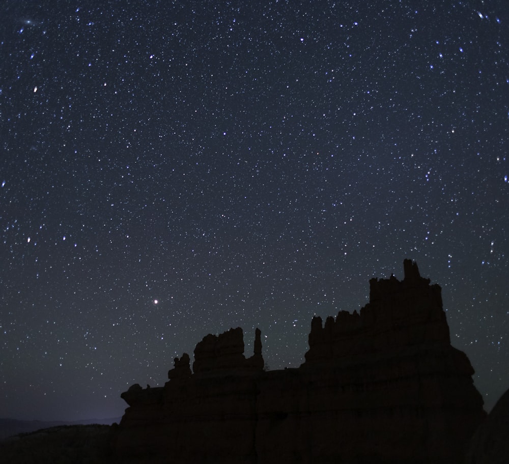 silhouettes of buildings and stars in the sky