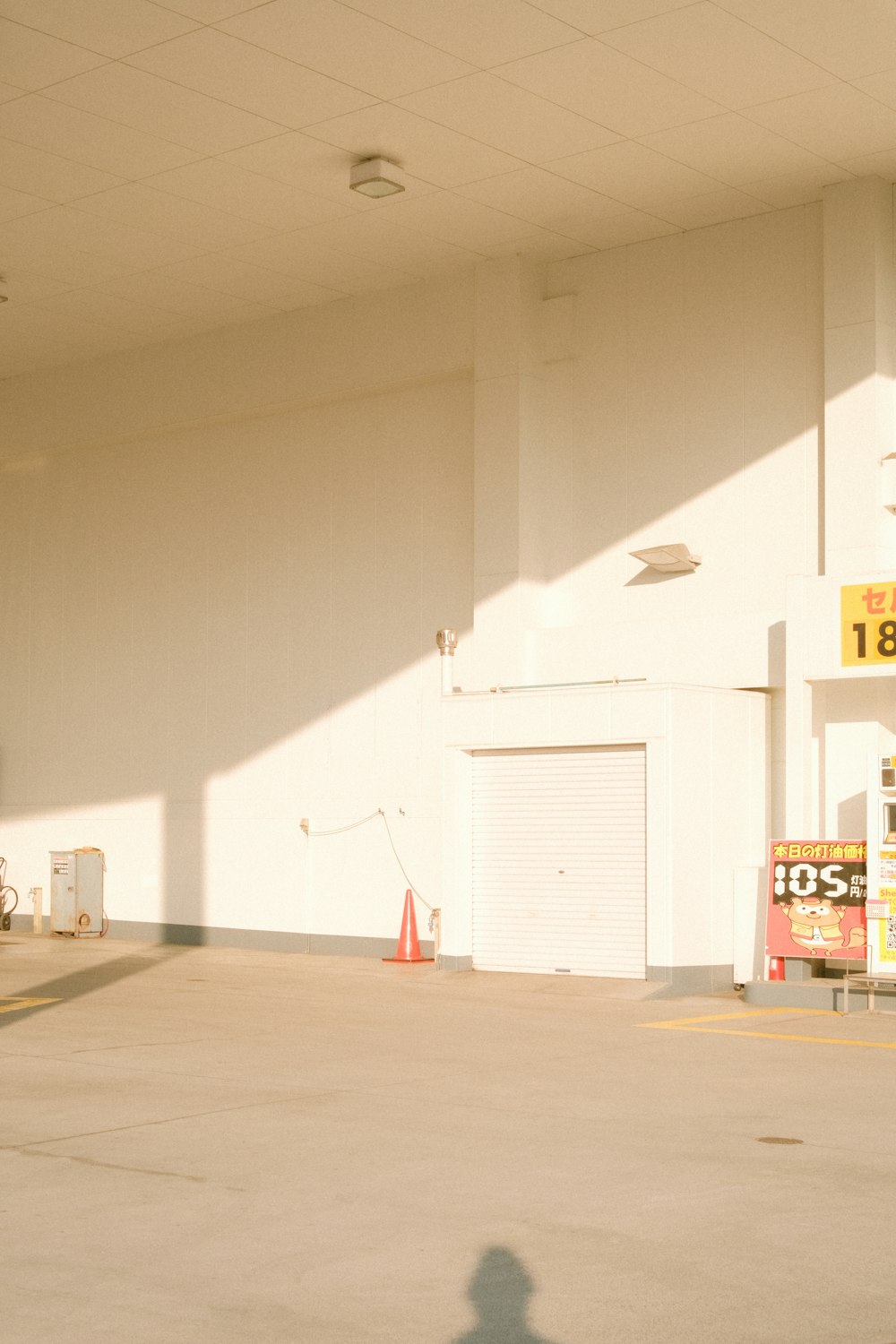 a garage with a white door