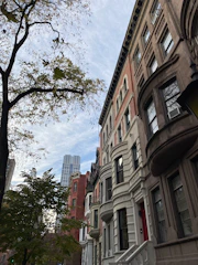 A row of multi-story, historic brownstone buildings with varying architectural details, such as bay windows and cornices, lines a city street. The buildings are surrounded by bare trees with few remaining leaves, and a modern skyscraper is visible in the background against a partly cloudy sky.