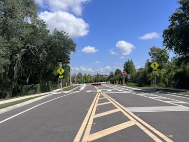 A calm, clear road with visible traffic signs illustrating key safety rules.