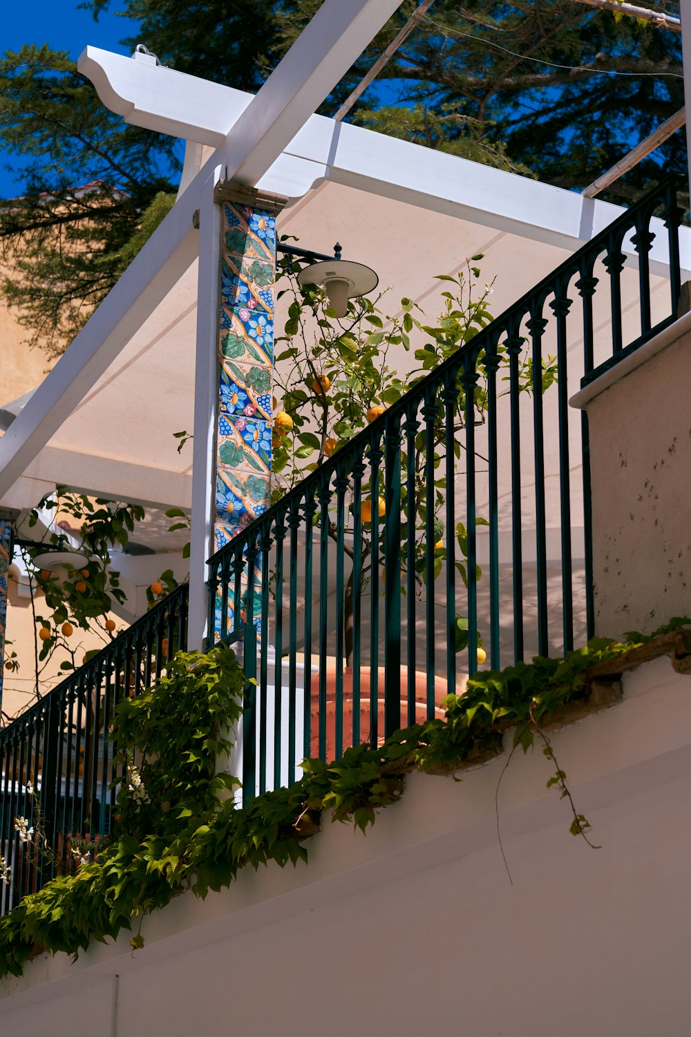 a staircase outside with a railing