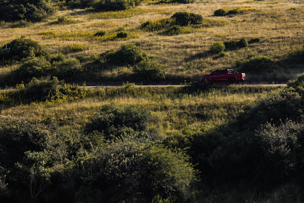 a red car driving through a field