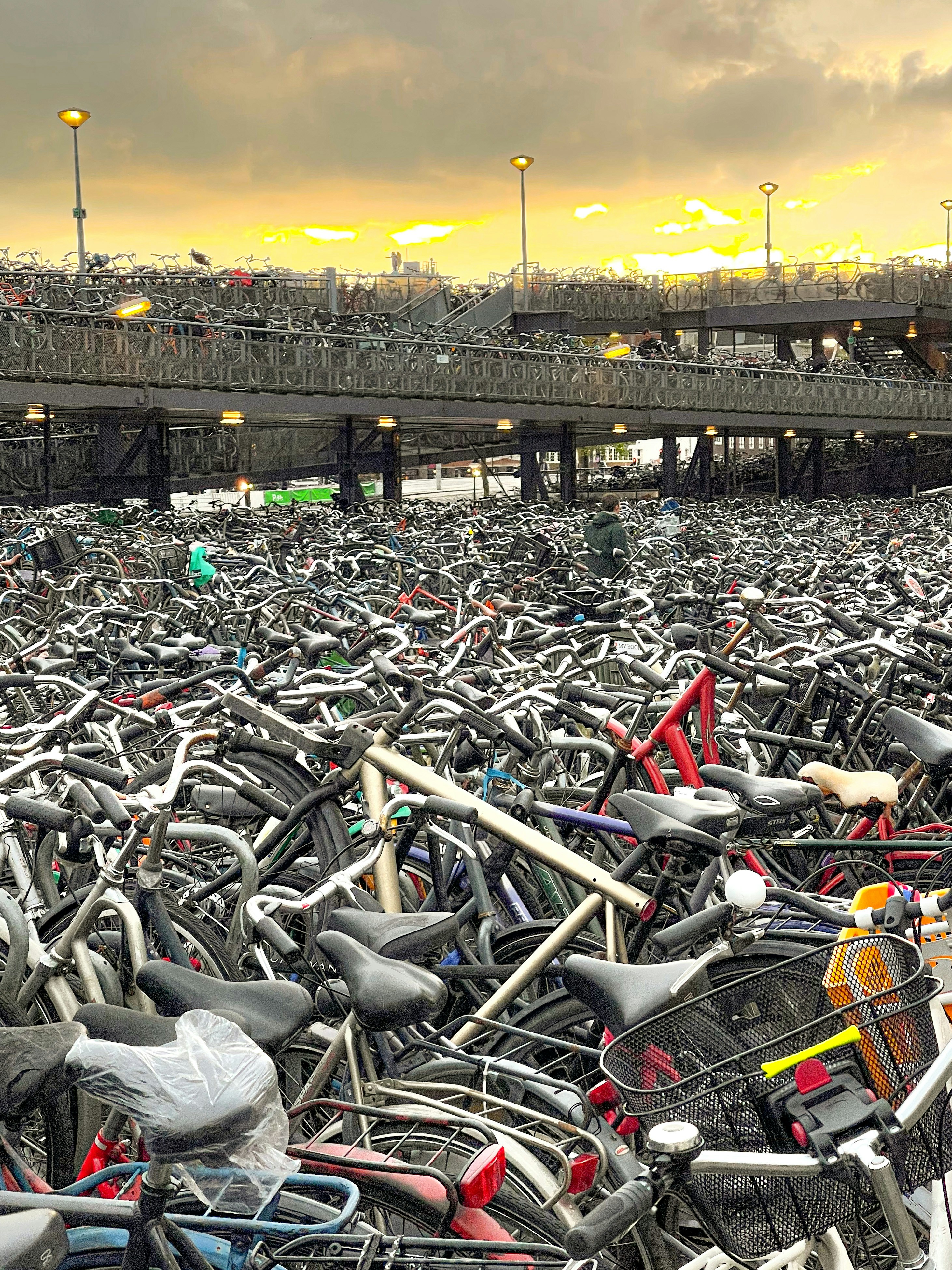 a large group of bicycles parked in front of a bridge