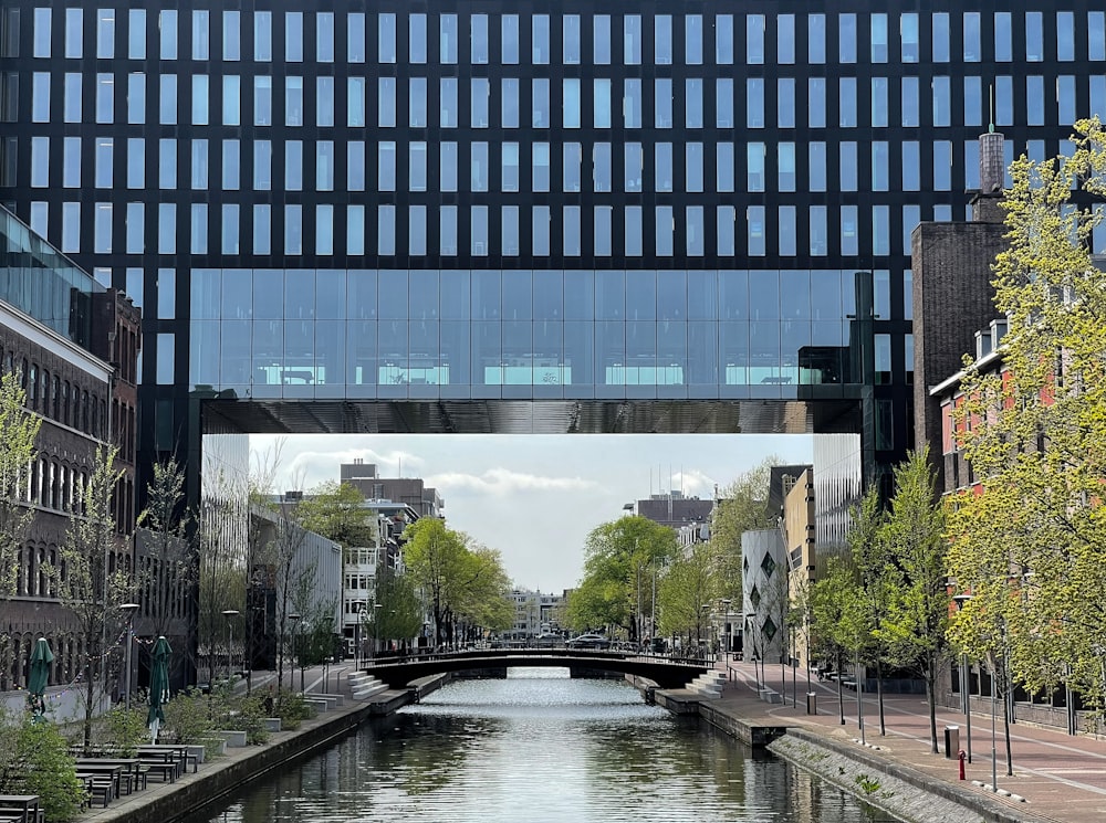 a river with a bridge and buildings