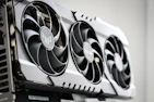 Close-up of high-quality PC components like a graphics card and cooling system.