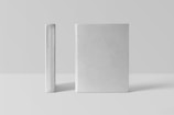 Two plain, hardcover books stand upright against a minimalist background. One book is positioned with its spine facing the front, while the other is showing the front cover.