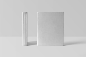 Two plain, hardcover books stand upright against a minimalist background. One book is positioned with its spine facing the front, while the other is showing the front cover.