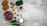 A variety of cooking ingredients are neatly arranged on a gray surface. Elements include raw meat on a plate, sesame seed burger buns, whole onions, cloves of garlic, green onions, spices in small dishes, and fresh parsley in a black container. There are also small bowls containing liquids and powders.