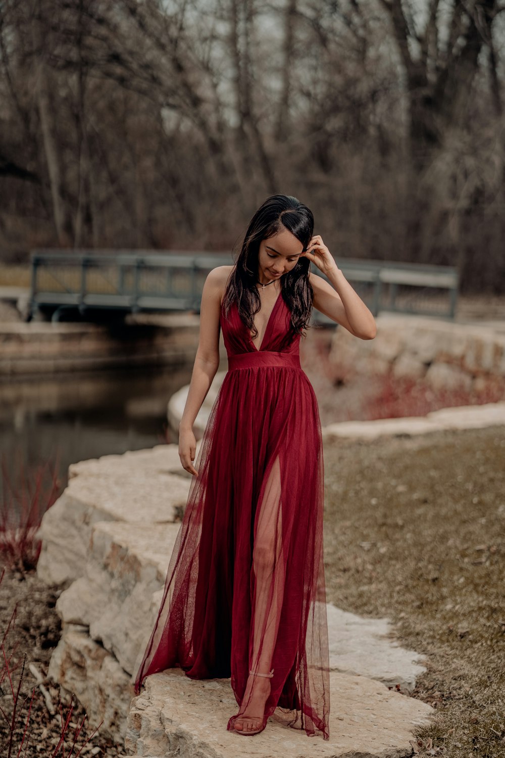 a woman in a red dress