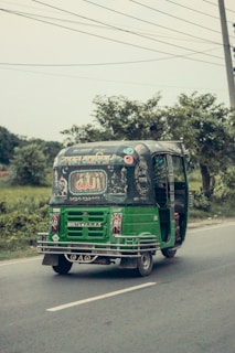 A green auto-rickshaw is driving along a road surrounded by greenery. The back of the vehicle is adorned with colorful decorative patterns and text, possibly written in a local language. The sky appears overcast, and there are power lines above.