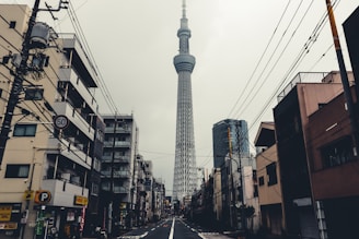 Wide shot of the weather station setup with downtown Red Lion buildings in the background under a cloudy sky.