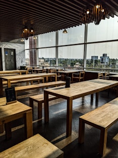 a room with tables and chairs