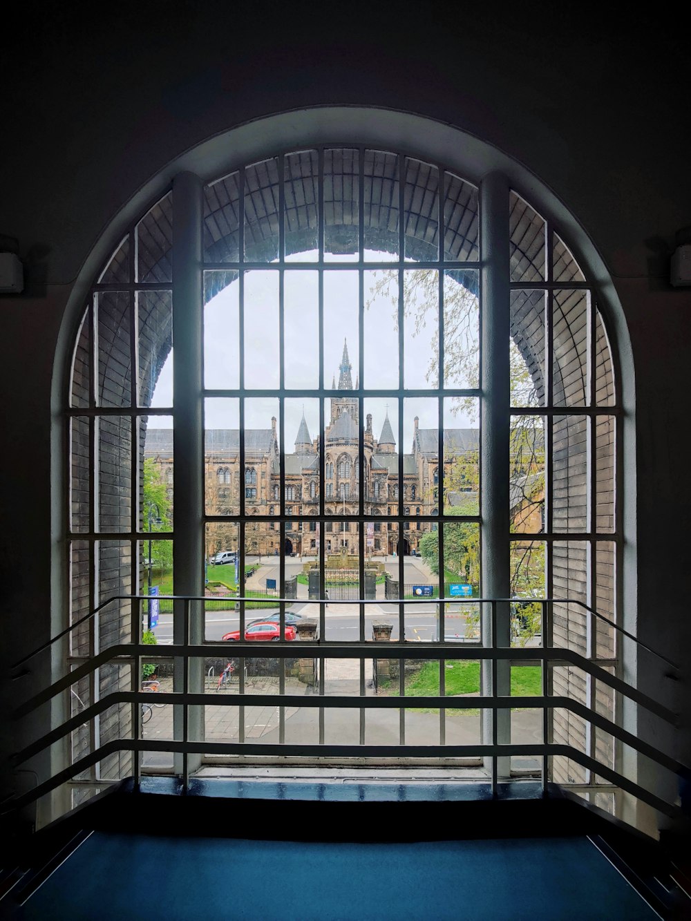 a large window with a view of a city