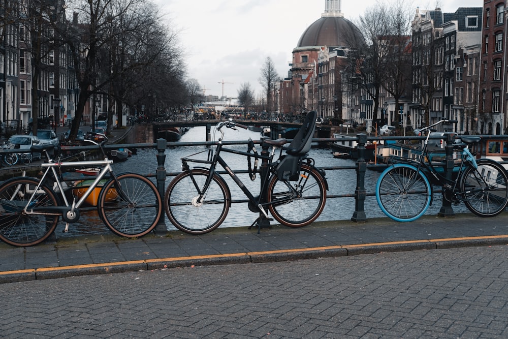 bicycles parked on a bridge