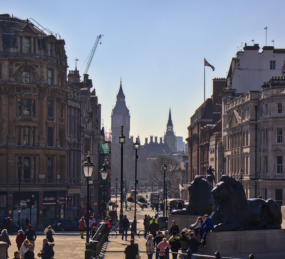 a city square with a statue in the middle