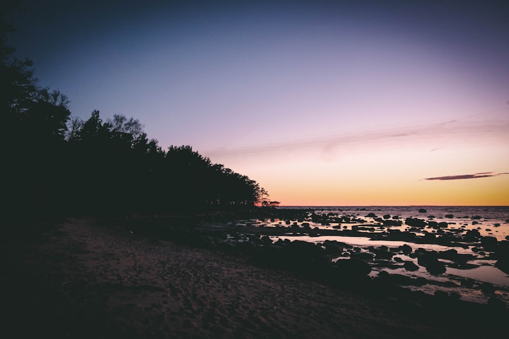 a rocky beach at sunset