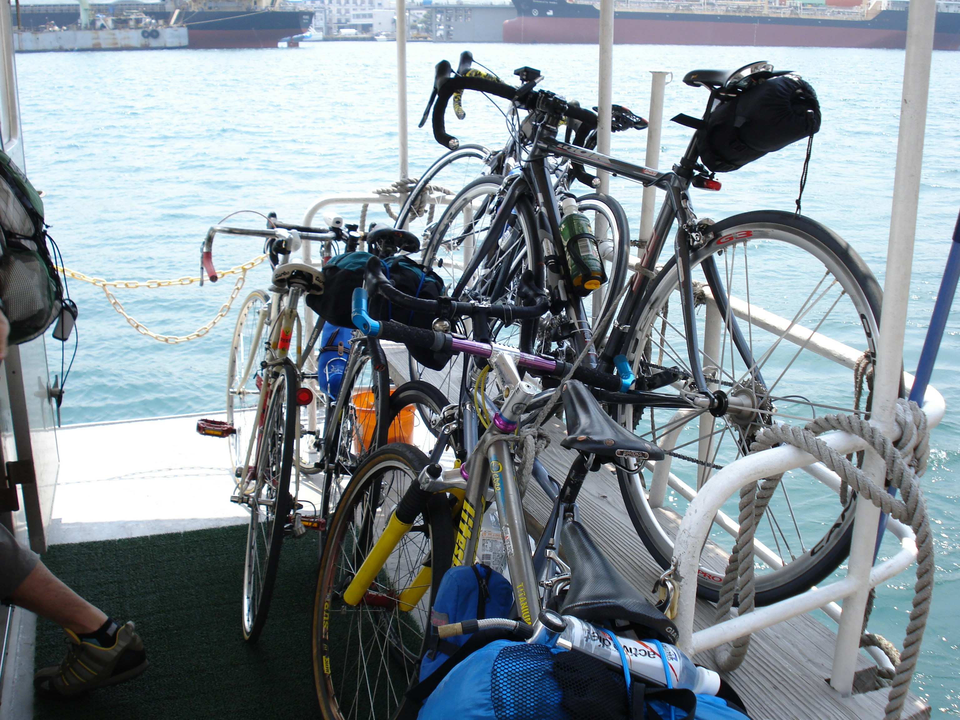 a group of bicycles parked on a boat