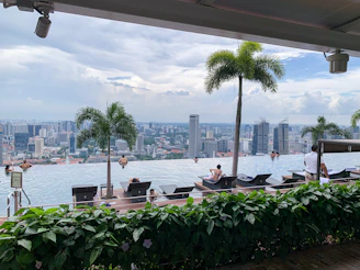 a group of people sitting at a table in front of a body of water with a city in