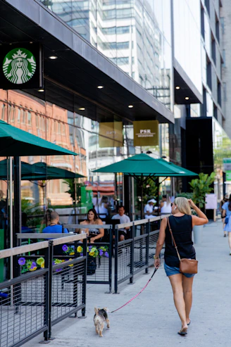a person walks a dog down a sidewalk