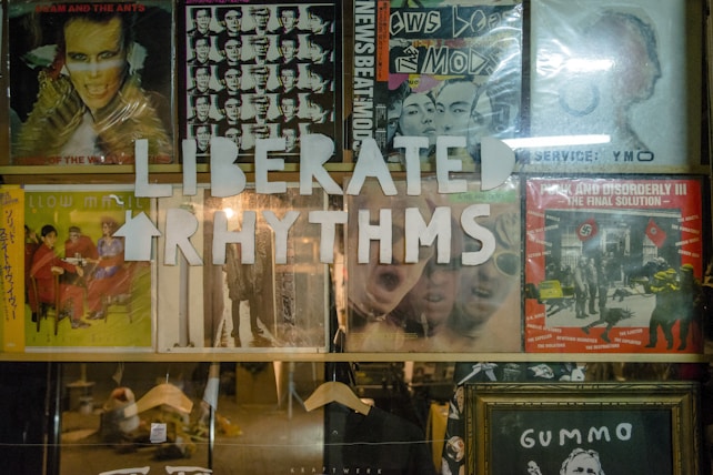 A display window featuring a collection of vintage album covers arranged in a grid. The albums include various designs and illustrations, with text reading 'LIBERATED RHYTHMS' prominently displayed across the center. The imagery reflects diverse music themes and styles.