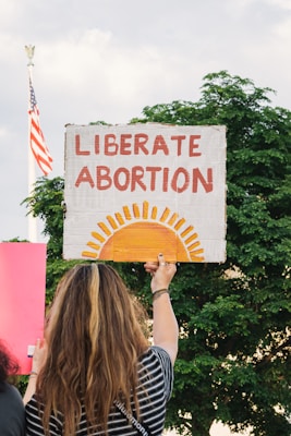 A person holding a sign with the words 'Liberate Abortion' in bold red letters above a painted image of a rising sun. An American flag is visible in the background, partially obscured by trees.