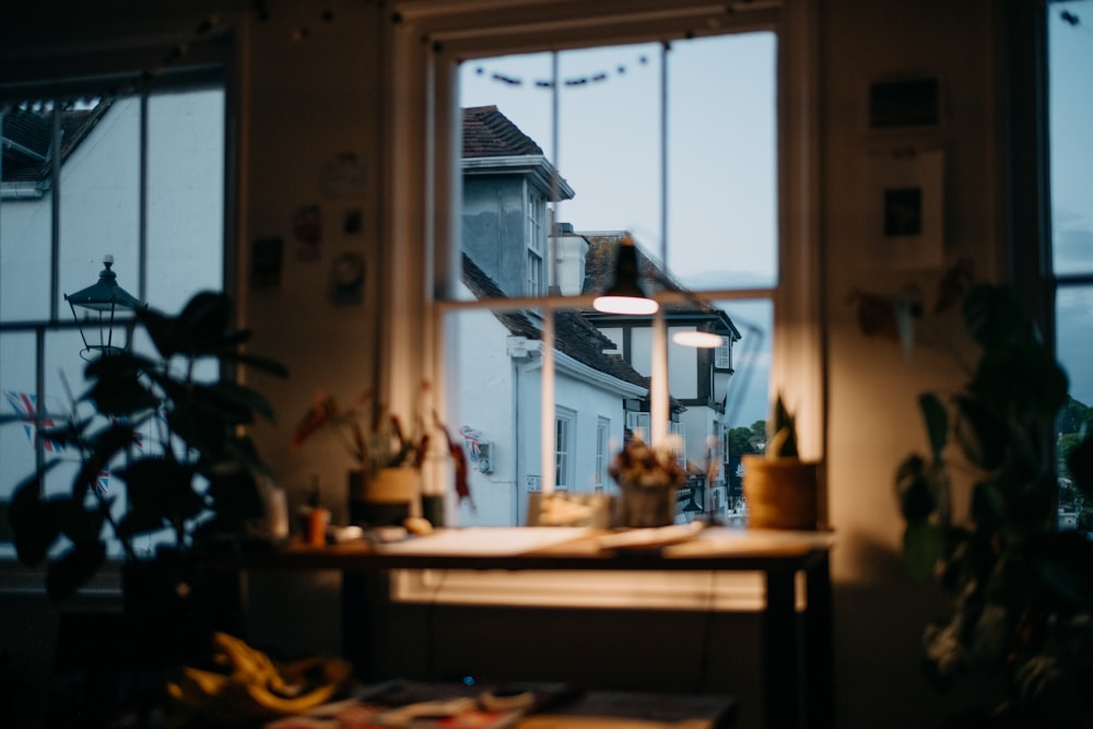 a kitchen with a large window