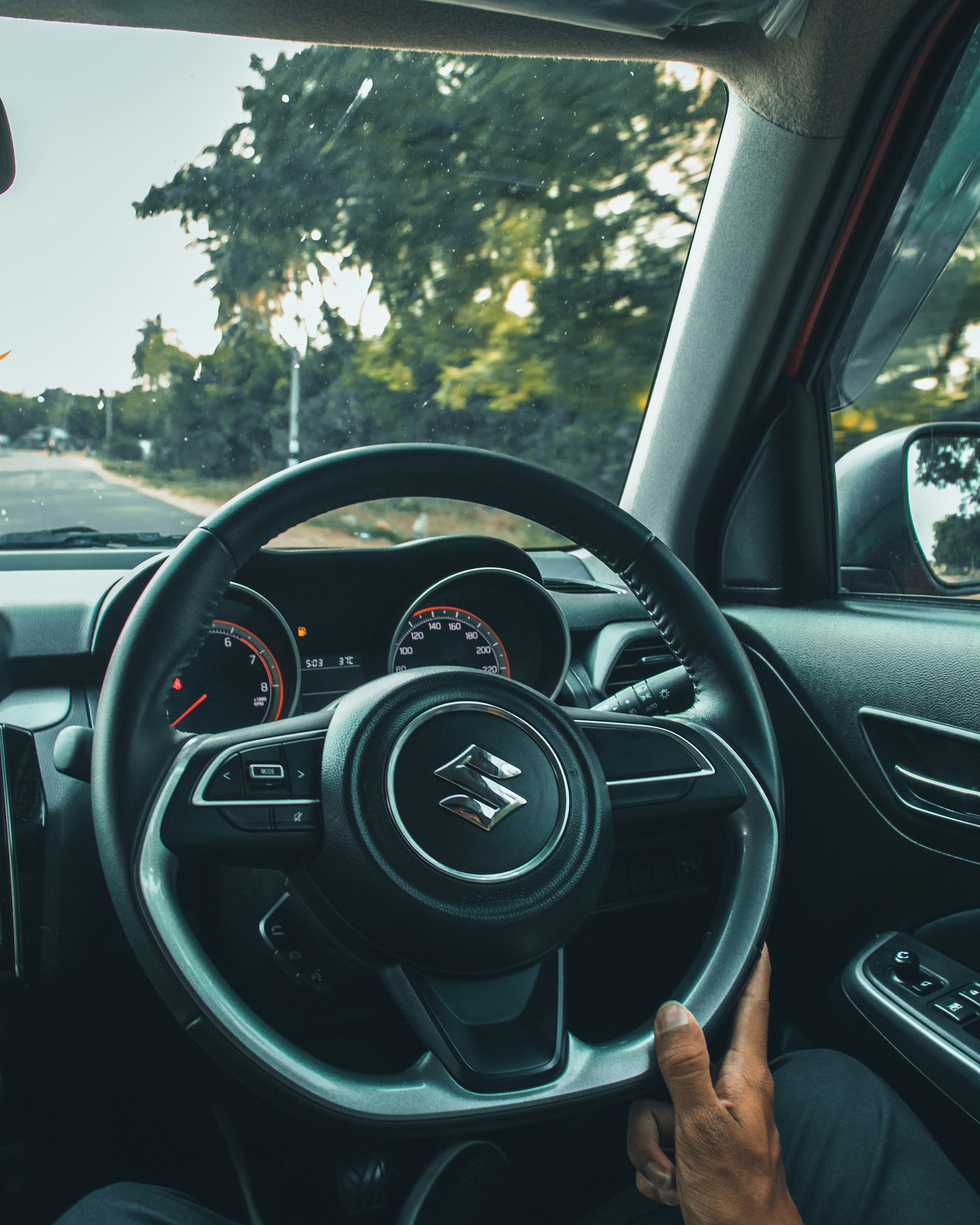 a person holding a steering wheel