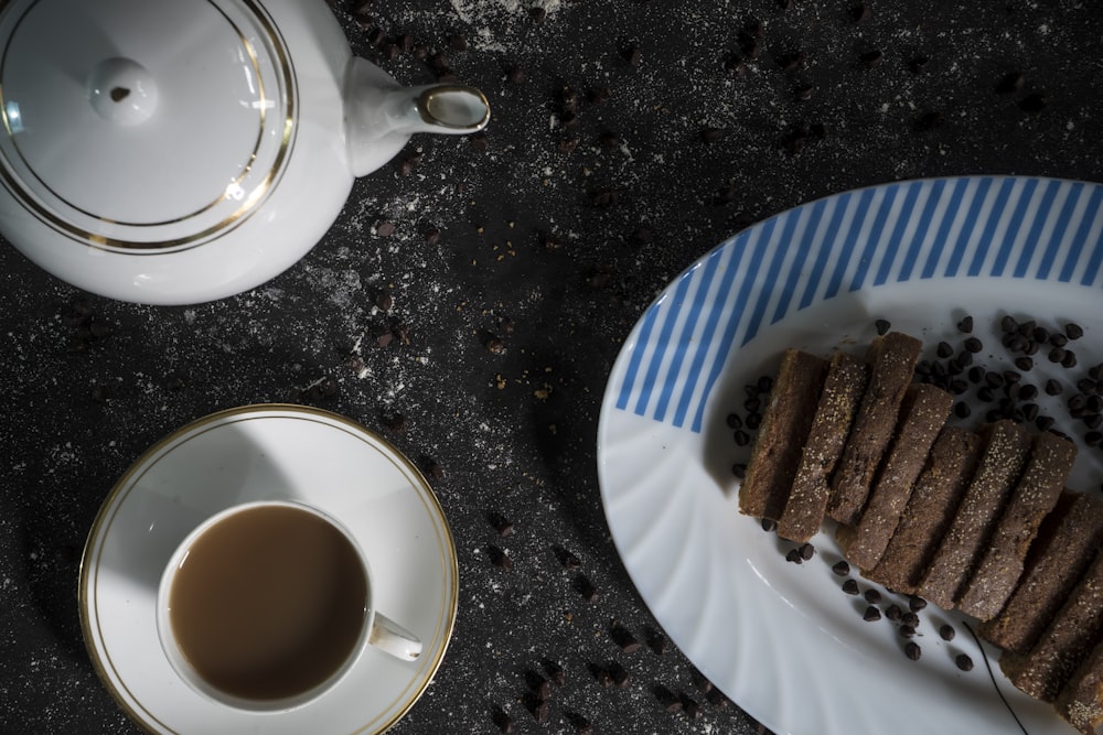 a plate of food and a cup of coffee