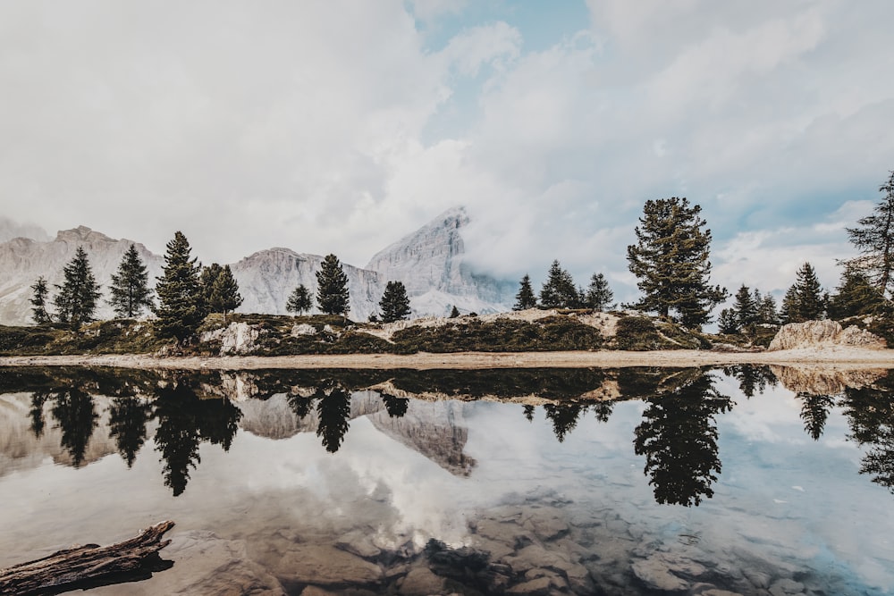 a lake with trees and mountains in the background