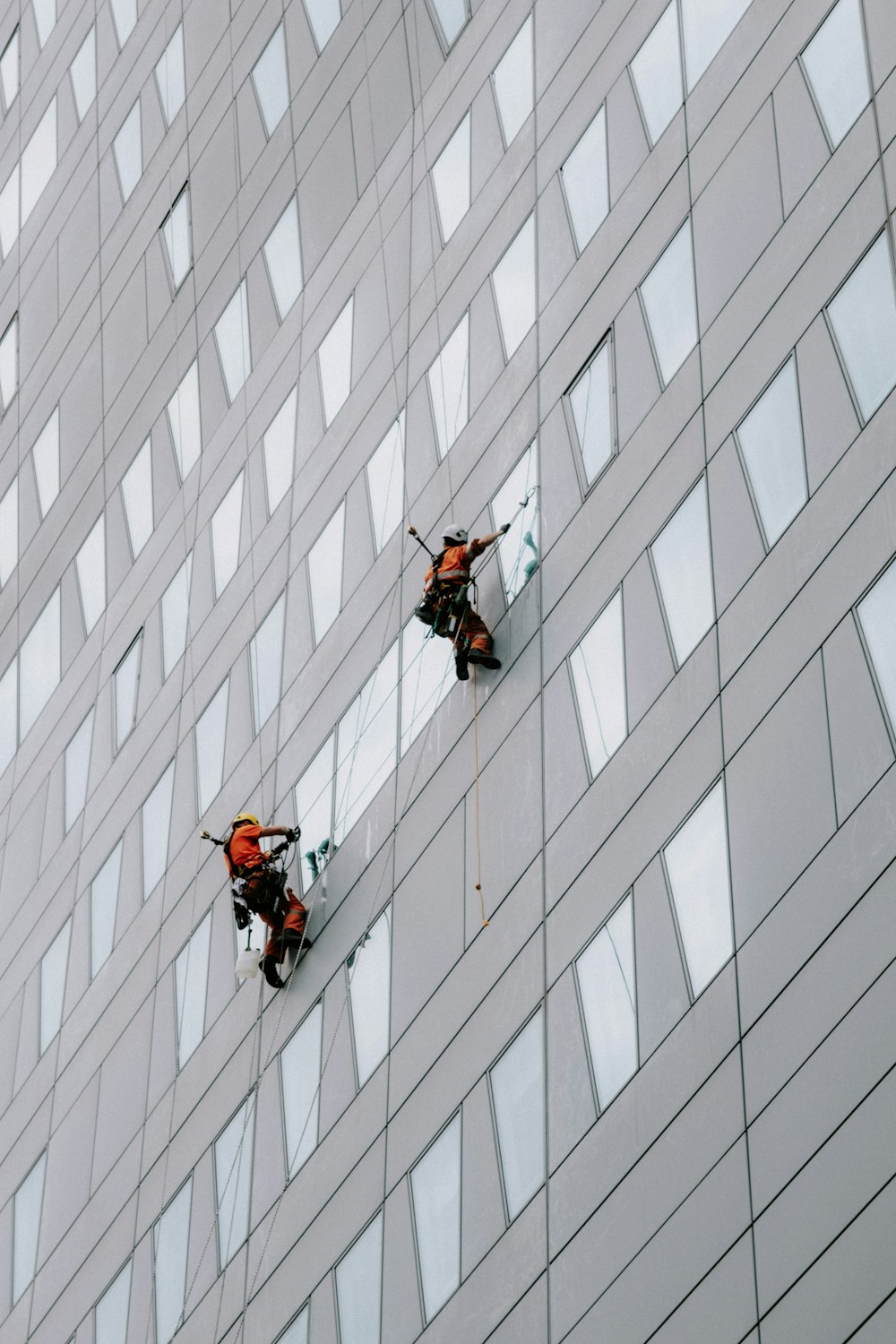 a few people climbing a building