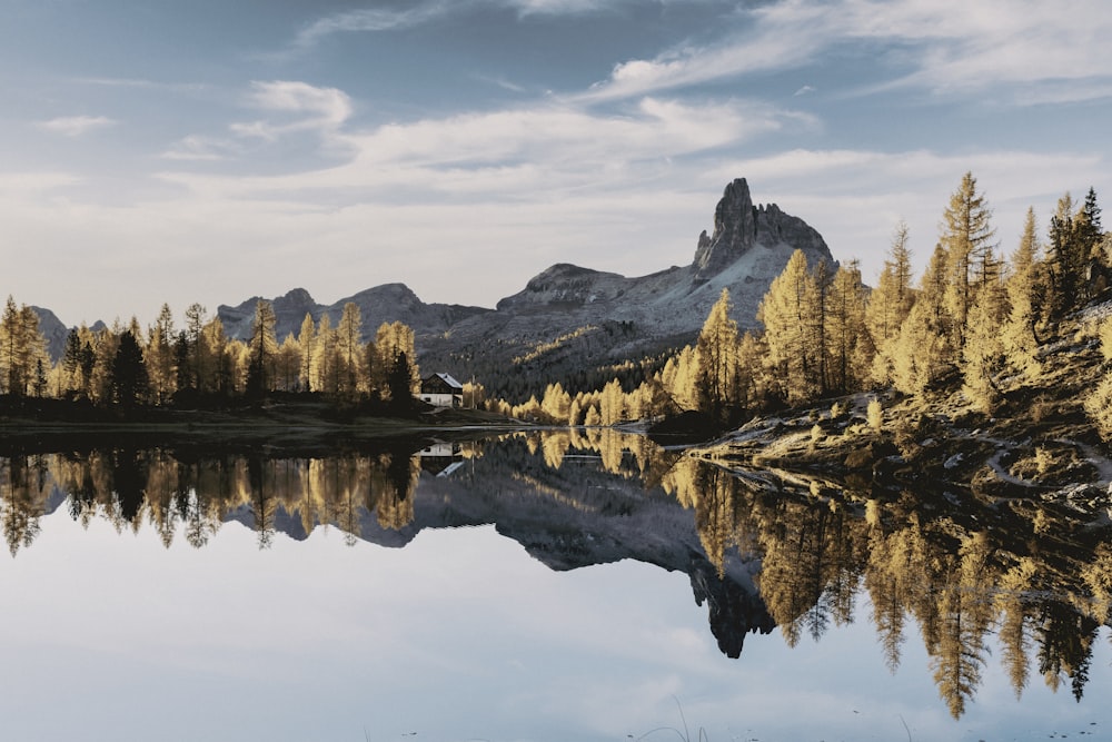 a lake with trees and mountains in the background